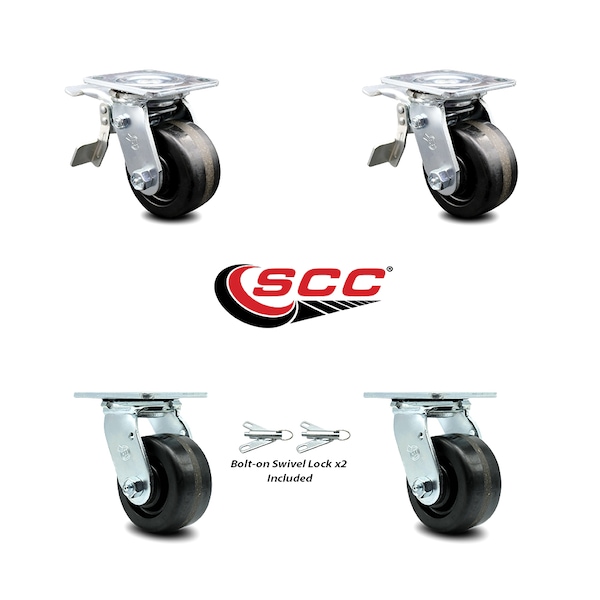4 Inch Phenolic Caster Set with Ball Bearings 2 Brakes 2 Swivel Locks SCC